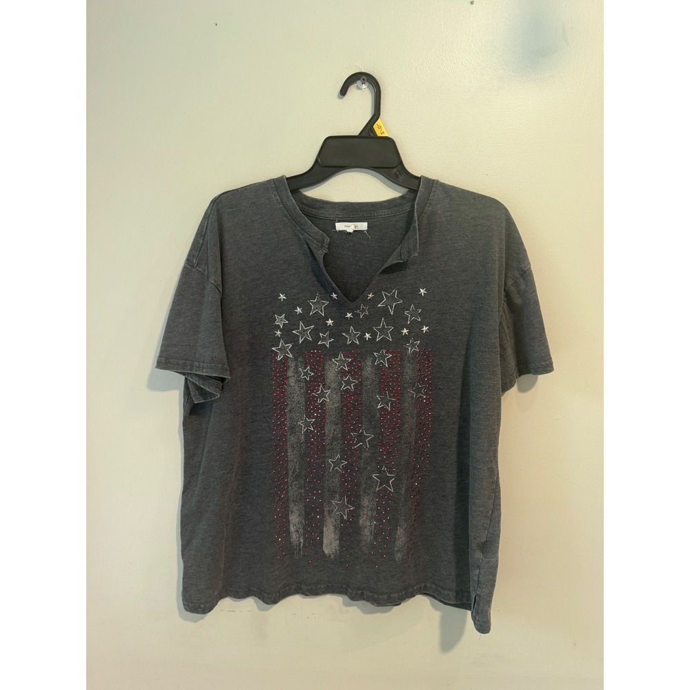 Maurices Womens‎ Large Gray American Flag Star Studded Rhinestone V-Neck T-Shirt